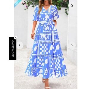 PRETTYGARDEN Women's Maxi Dress Resort Wear Boho Floral V Neck Puff Short Sleeve